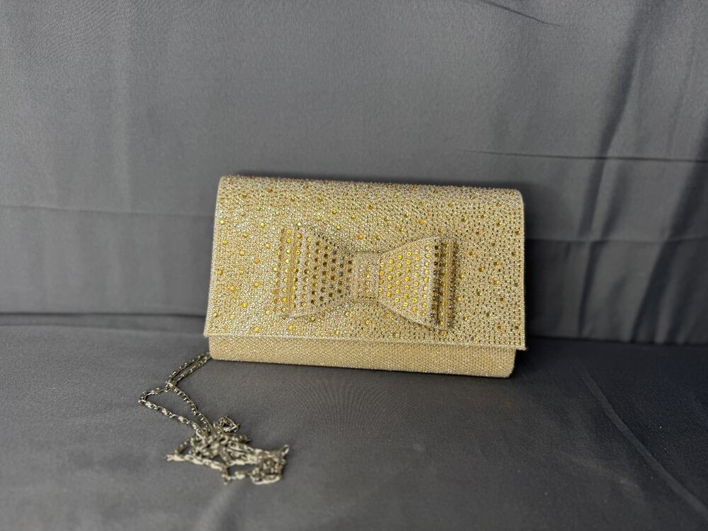 Womena Clutch Gold Bow Evening Bag Purse Chain Strap Rhinestone